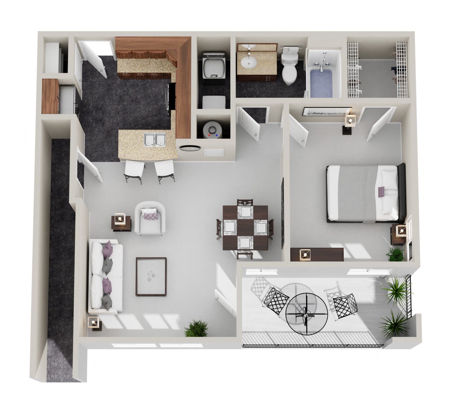 A 3D floor plan of a house with a living room